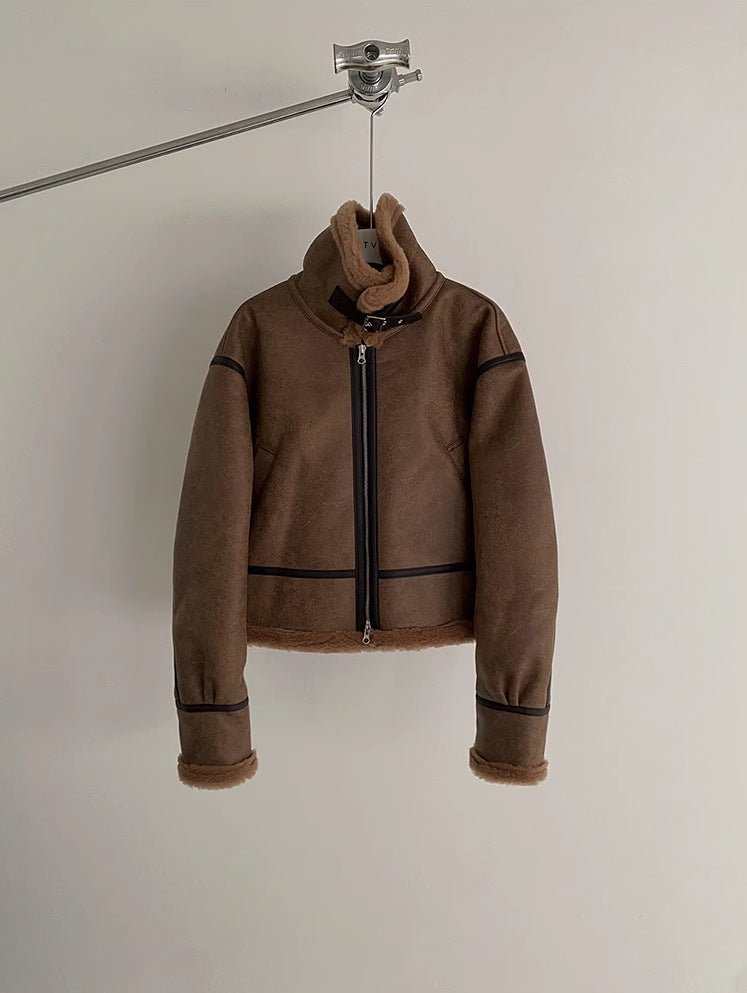 South Korea Fur Integrated Cotton Coat Loose Suede Lambswool Leather Jacket