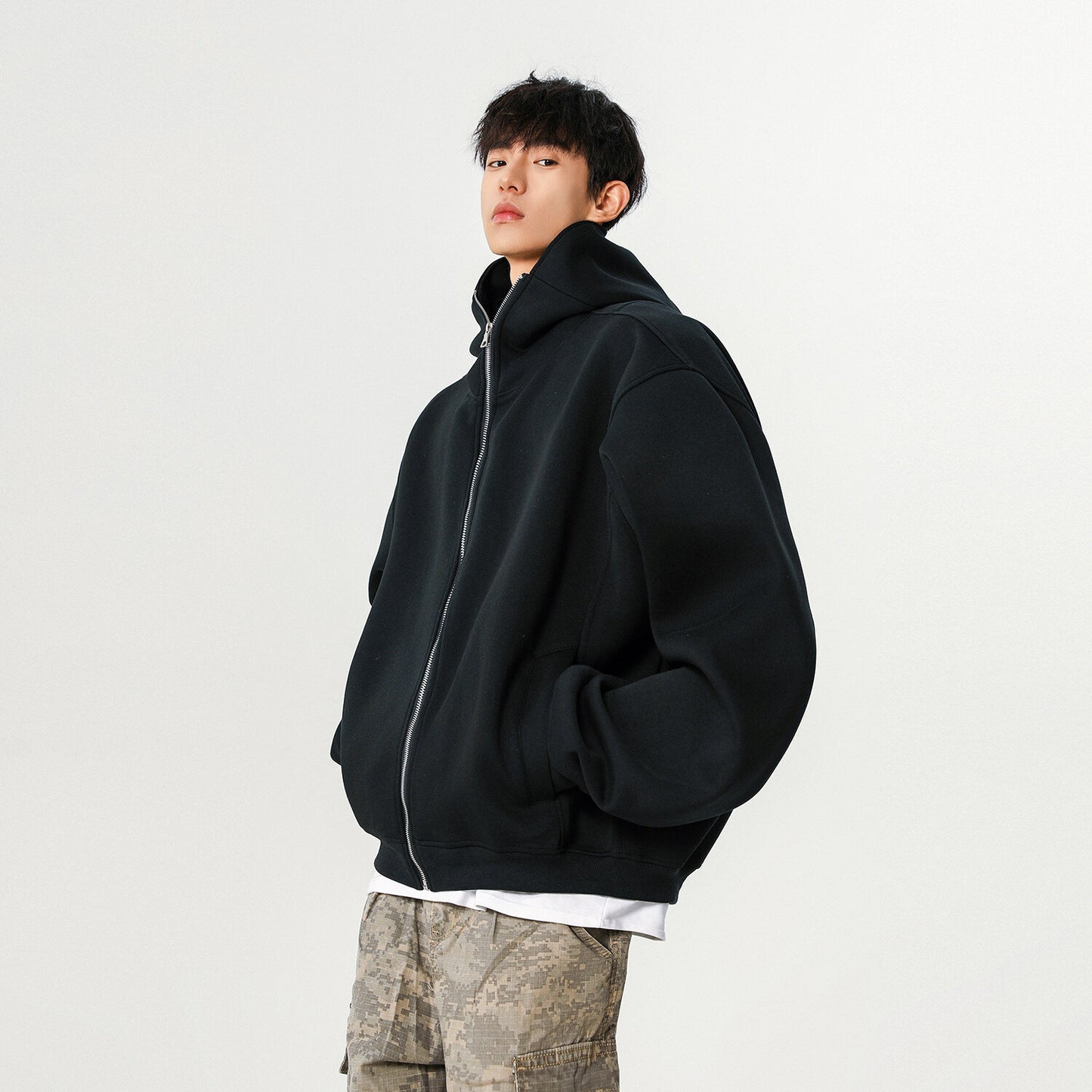 Hoodie Cárdigan High Street – Color Liso y Estilo Versátil Urbano