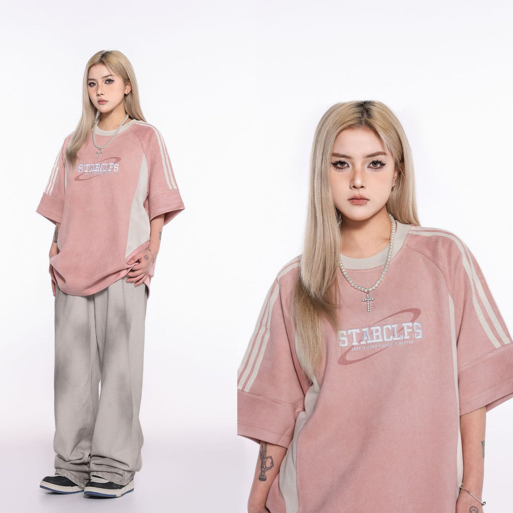 Camiseta holgada de manga corta para hombre con diseño de letras bordadas