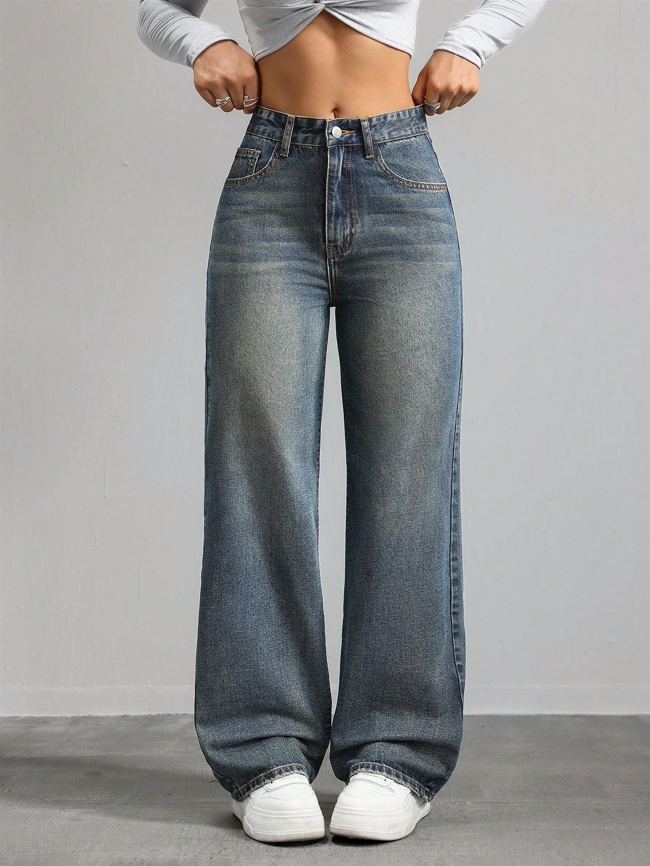Jeans Straight Wide-Leg – Pantalón recto de cintura alta con bolsillos