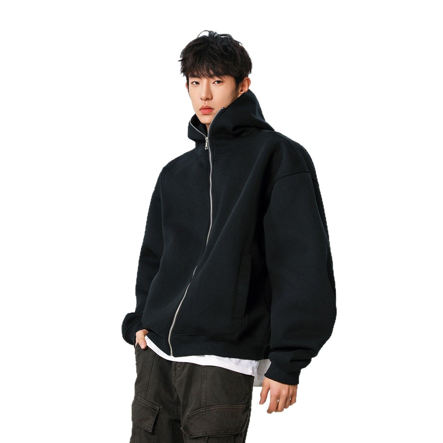 Hoodie Cárdigan High Street – Color Liso y Estilo Versátil Urbano