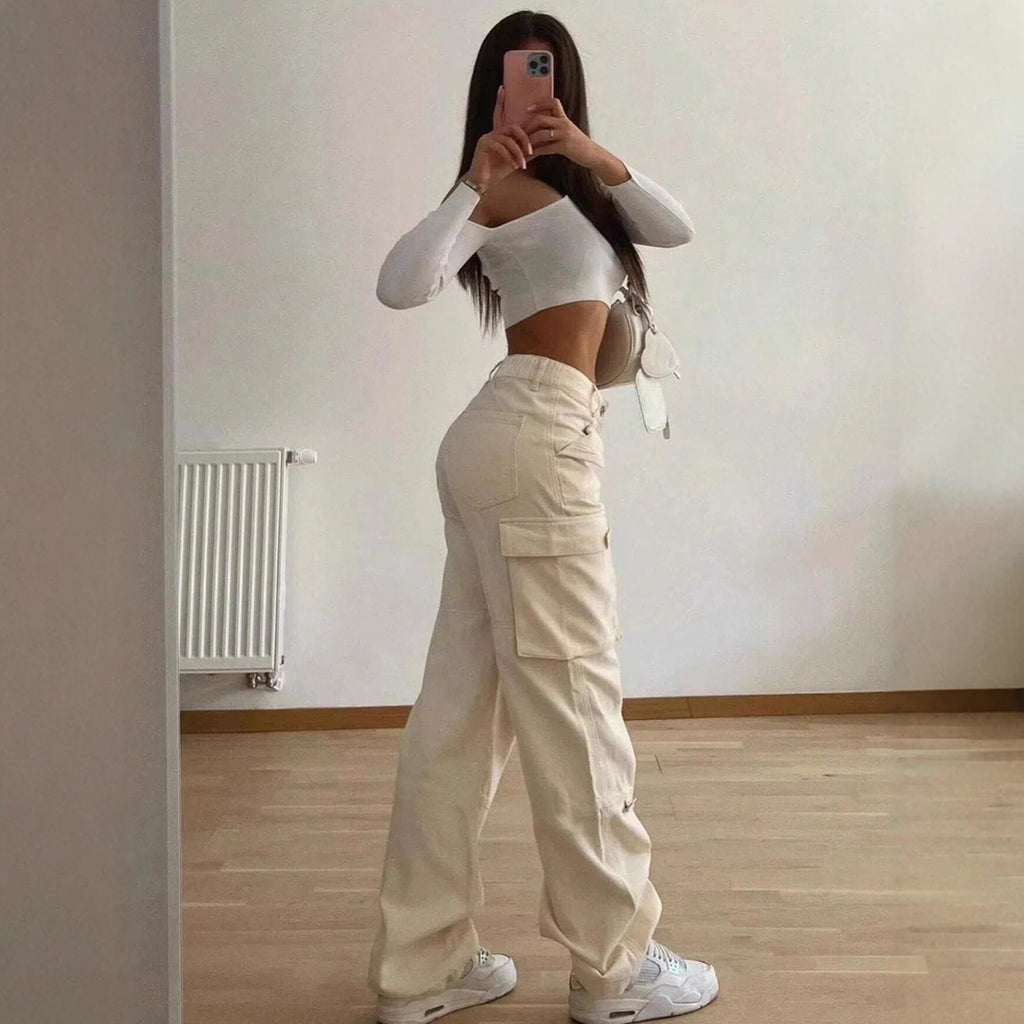 Pantalón de mujer holgado con bolsillos – Tiro medio efecto adelgazante