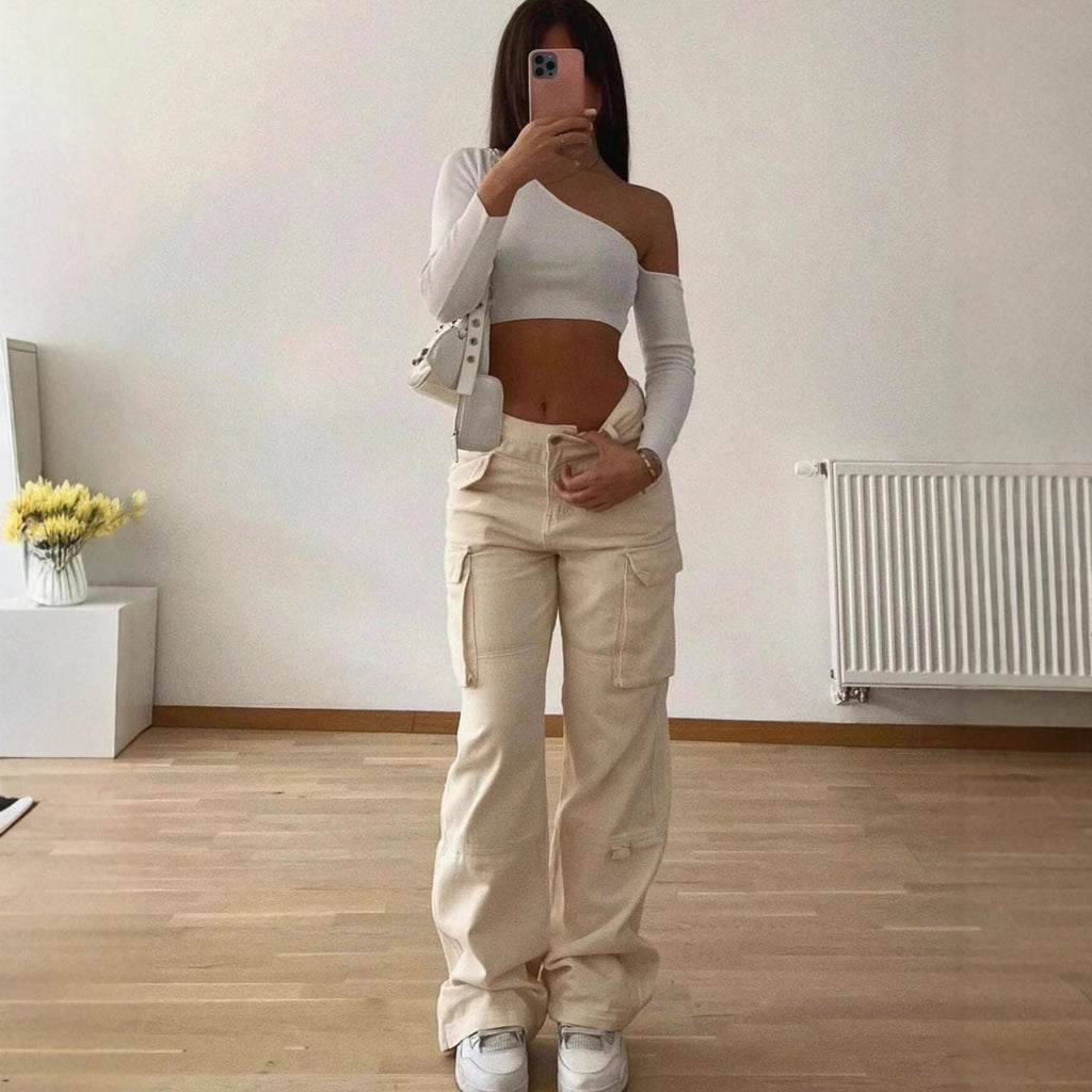 Pantalón de mujer holgado con bolsillos – Tiro medio efecto adelgazante