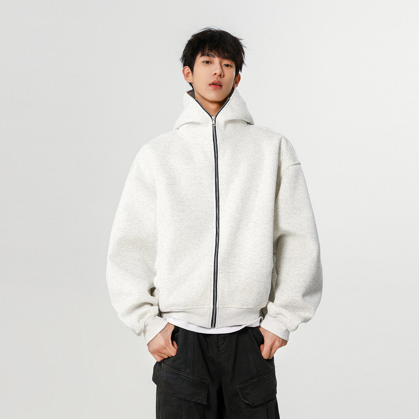 Hoodie Cárdigan High Street – Color Liso y Estilo Versátil Urbano